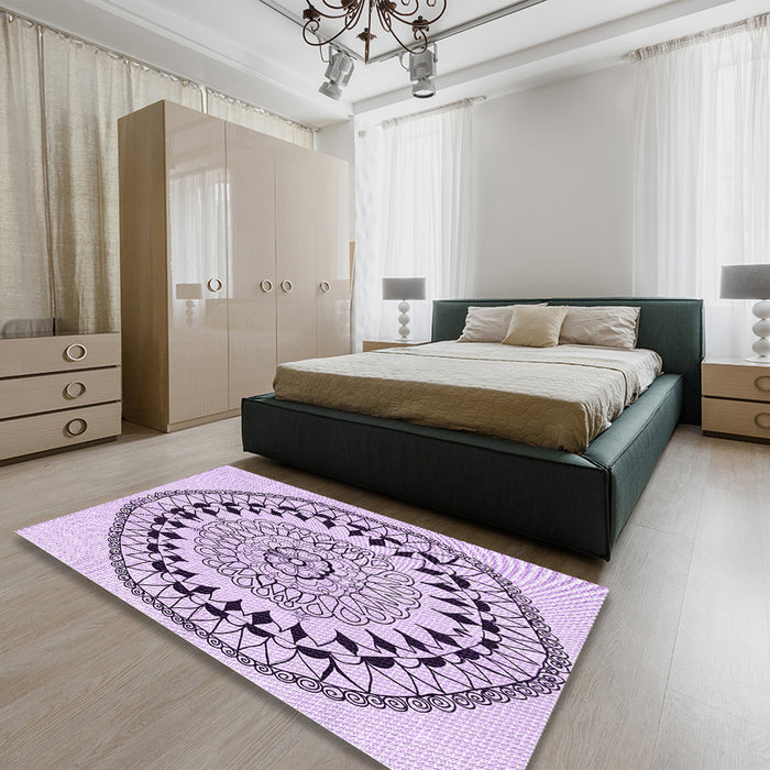 Patterned Purple Flower Purple Rug in a Bedroom, pat1962pur