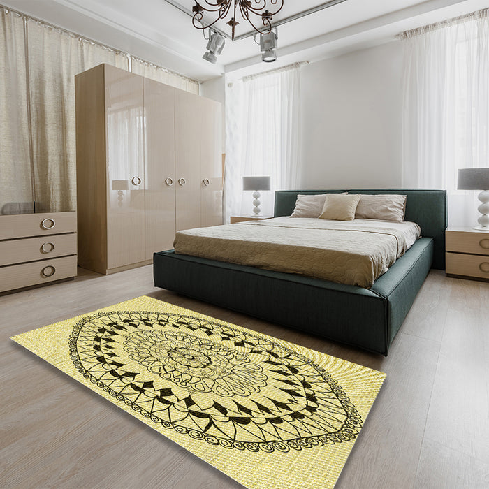 Round Machine Washable Transitional Sun Yellow Rug in a Office, wshpat1962yw