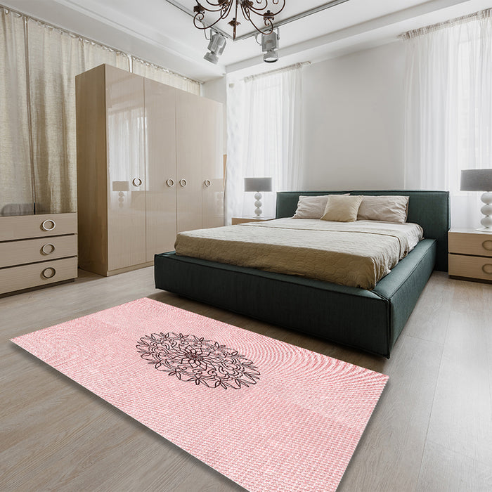 Patterned Light Coral Pink Rug in a Bedroom, pat1965rd