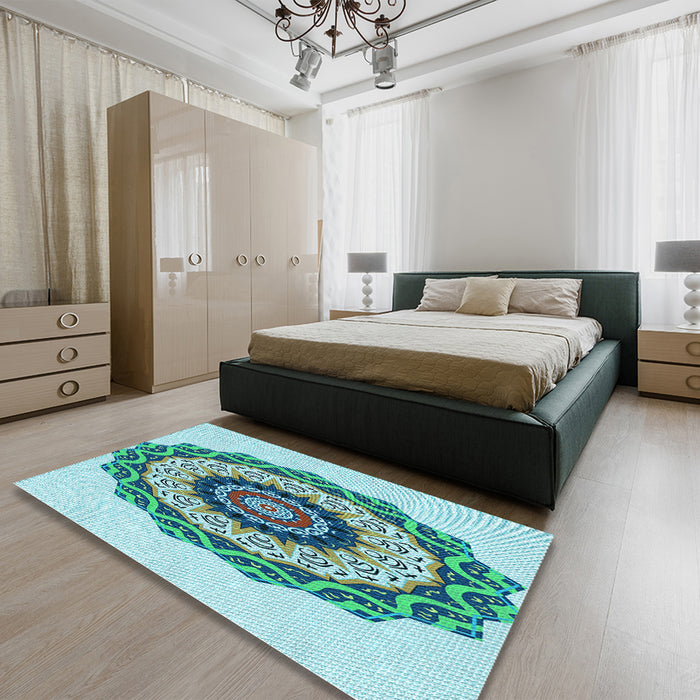 Patterned Deep-Sea Green Rug in a Bedroom, pat1967lblu