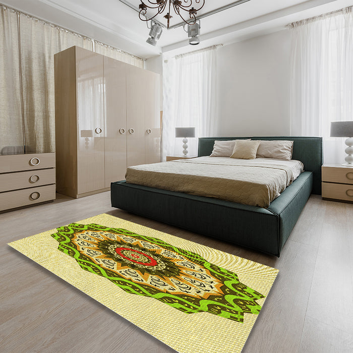Patterned Dark Golden Brown Rug in a Bedroom, pat1967yw