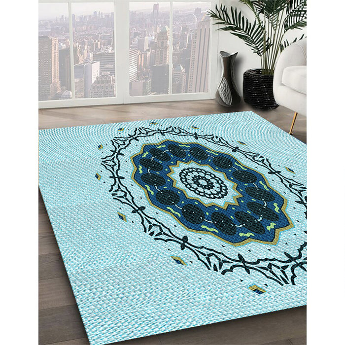 Patterned Deep-Sea Green Rug in Family Room, pat1969lblu