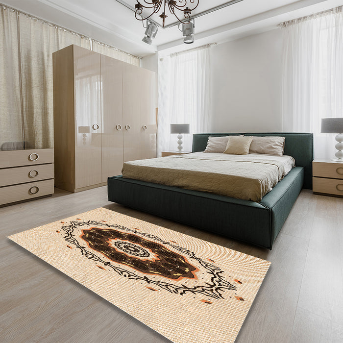 Patterned Light Brown Rug in a Bedroom, pat1969org