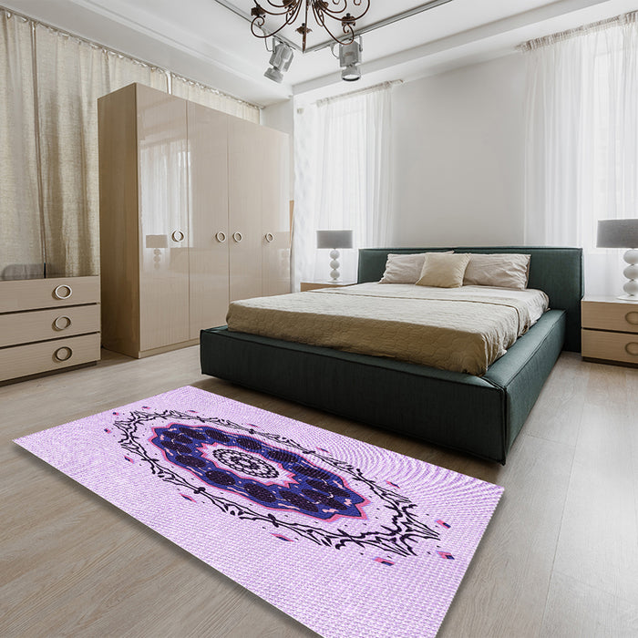 Round Machine Washable Transitional Purple Flower Purple Rug in a Office, wshpat1969pur