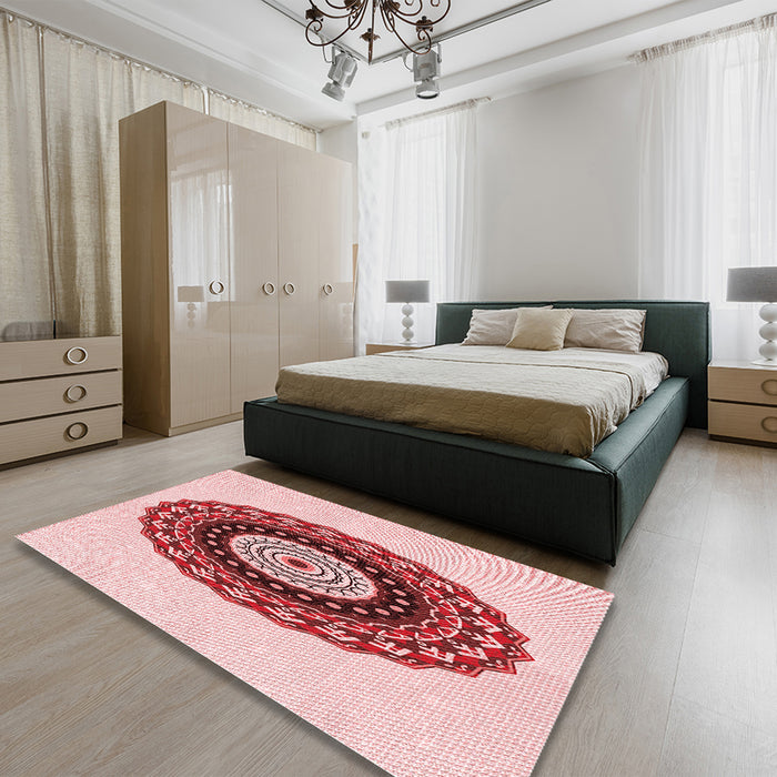 Patterned Light Red Pink Rug in a Bedroom, pat1970rd
