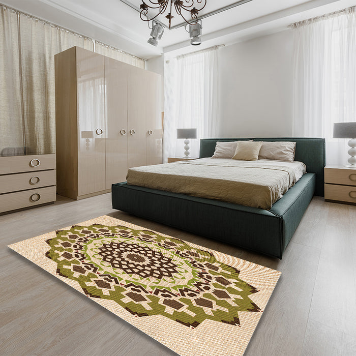 Patterned Khaki Gold Rug in a Bedroom, pat1973org