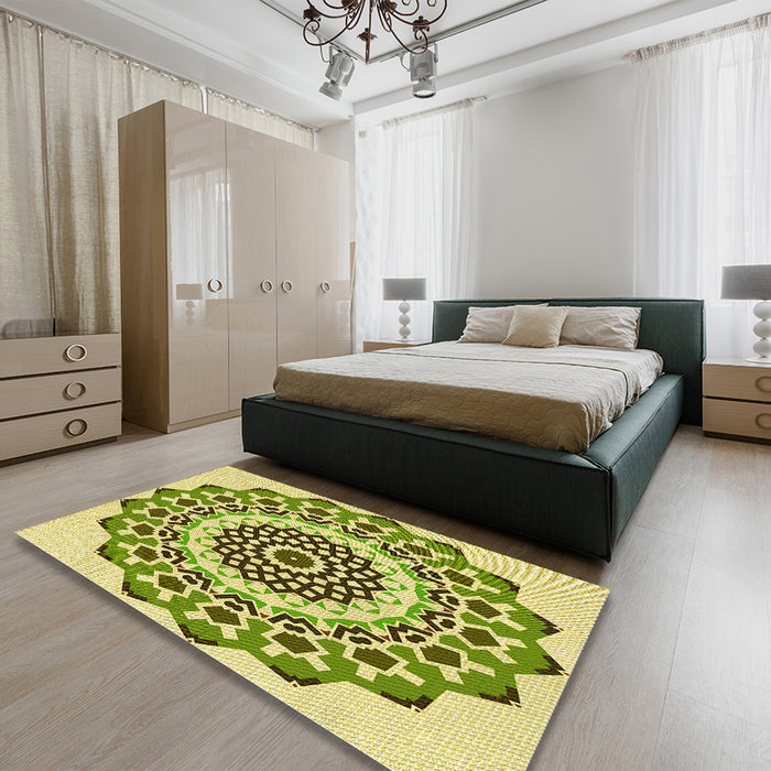 Patterned Olive Green Rug in a Bedroom, pat1973yw
