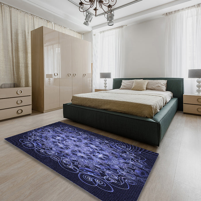 Patterned Night Blue Rug in a Bedroom, pat1974blu