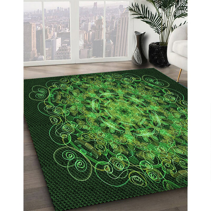 Patterned Dark Lime Green Rug in Family Room, pat1974grn