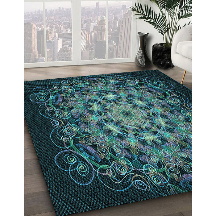 Patterned Deep-Sea Green Rug in Family Room, pat1974lblu