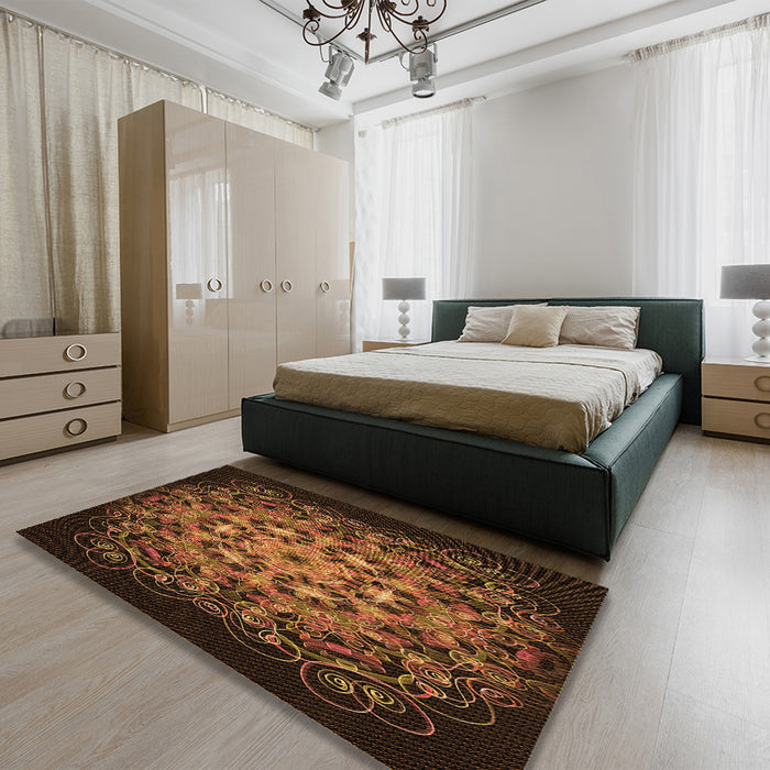 Patterned Black Brown Rug in a Bedroom, pat1974org