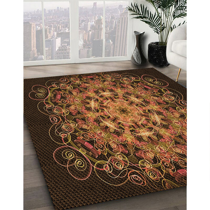 Patterned Black Brown Rug in Family Room, pat1974org