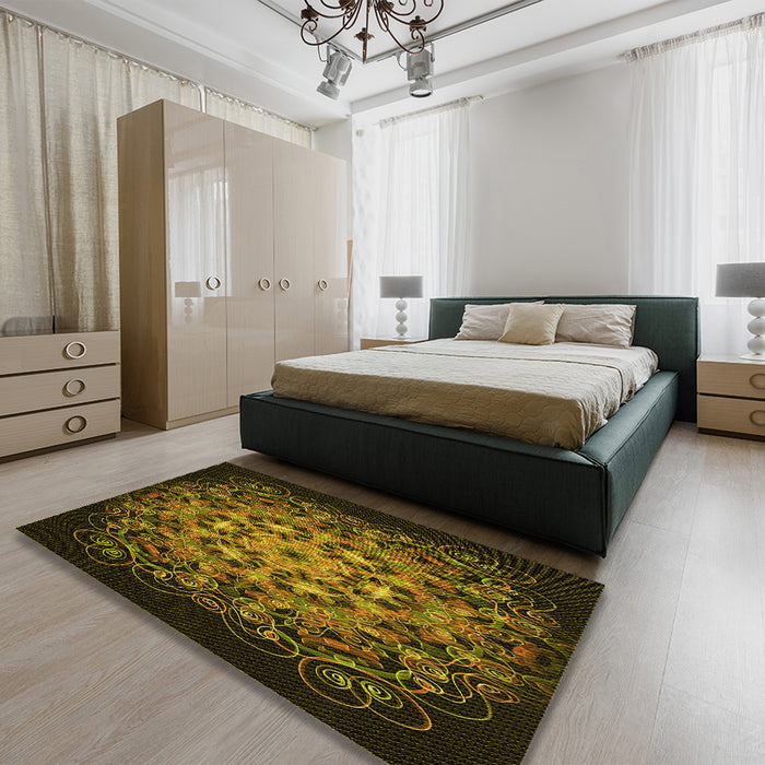 Patterned Black Brown Rug in a Bedroom, pat1974yw
