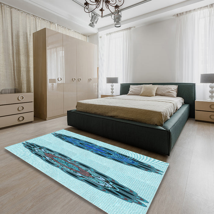 Patterned Glacial Blue Ice Blue Rug in a Bedroom, pat1975lblu