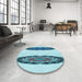 Round Patterned Glacial Blue Ice Blue Rug in a Office, pat1975lblu