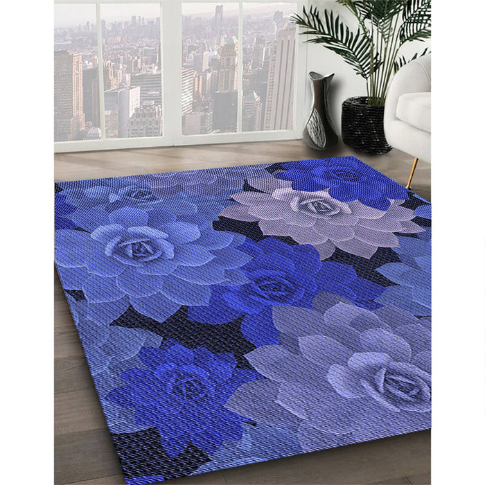 Patterned Sapphire Blue Rug in Family Room, pat1977blu