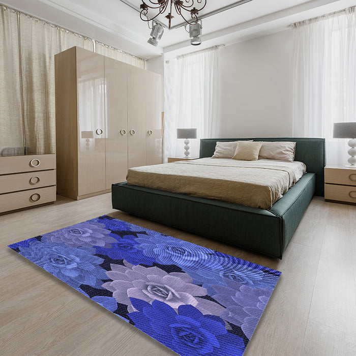 Patterned Sapphire Blue Rug in a Bedroom, pat1977blu