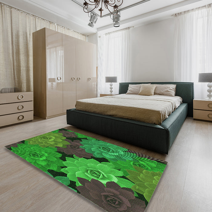 Patterned Dark Forest Green Rug in a Bedroom, pat1977grn