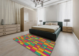 Patterned Green Modern Rug in a Bedroom, pat197