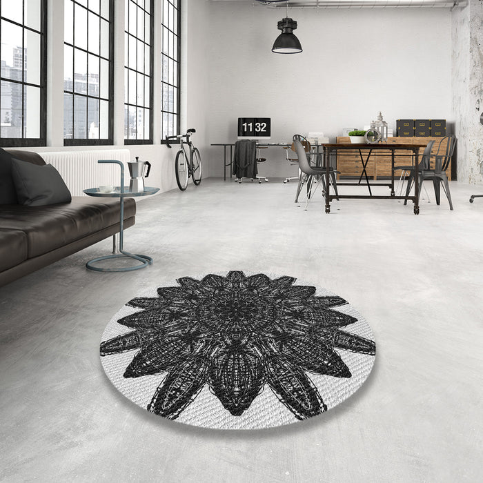 Round Machine Washable Transitional Midnight Gray Rug in a Office, wshpat1980