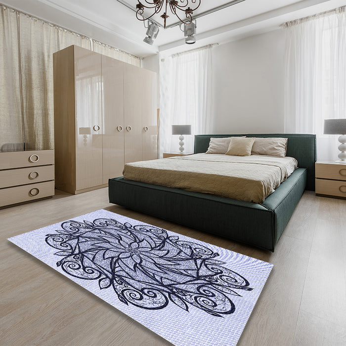 Patterned Blue Rug in a Bedroom, pat1981blu