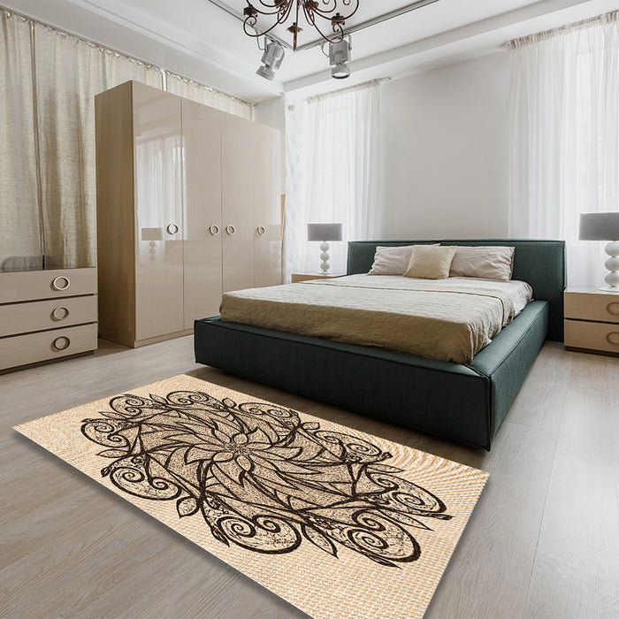 Patterned Saddle Brown Rug in a Bedroom, pat1981org