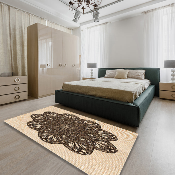 Patterned Deep Peach Orange Rug in a Bedroom, pat1982org