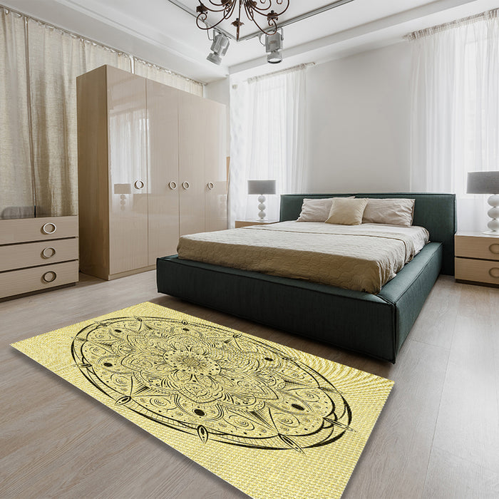 Round Machine Washable Transitional Sun Yellow Rug in a Office, wshpat1983yw