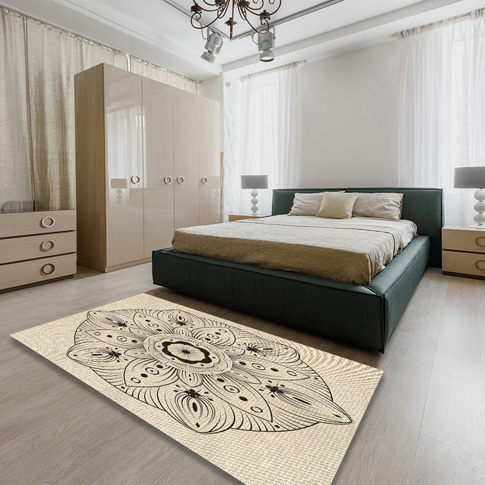 Round Machine Washable Transitional Moccasin Beige Rug in a Office, wshpat1985brn