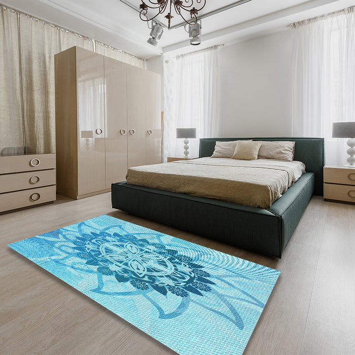 Patterned Deep Sky Blue Rug in a Bedroom, pat1986lblu