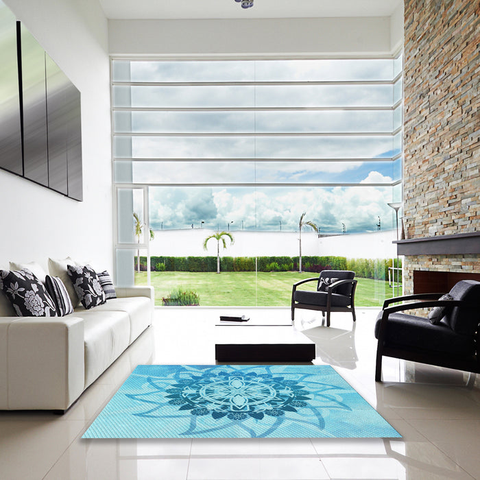 Square Patterned Deep Sky Blue Rug in a Living Room, pat1986lblu