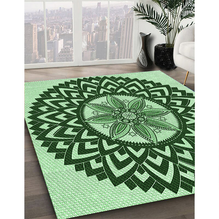 Patterned Deep Emerald Green Rug in Family Room, pat1987grn