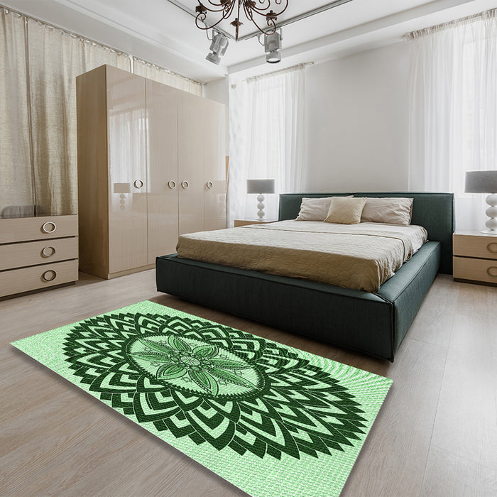 Patterned Deep Emerald Green Rug in a Bedroom, pat1987grn