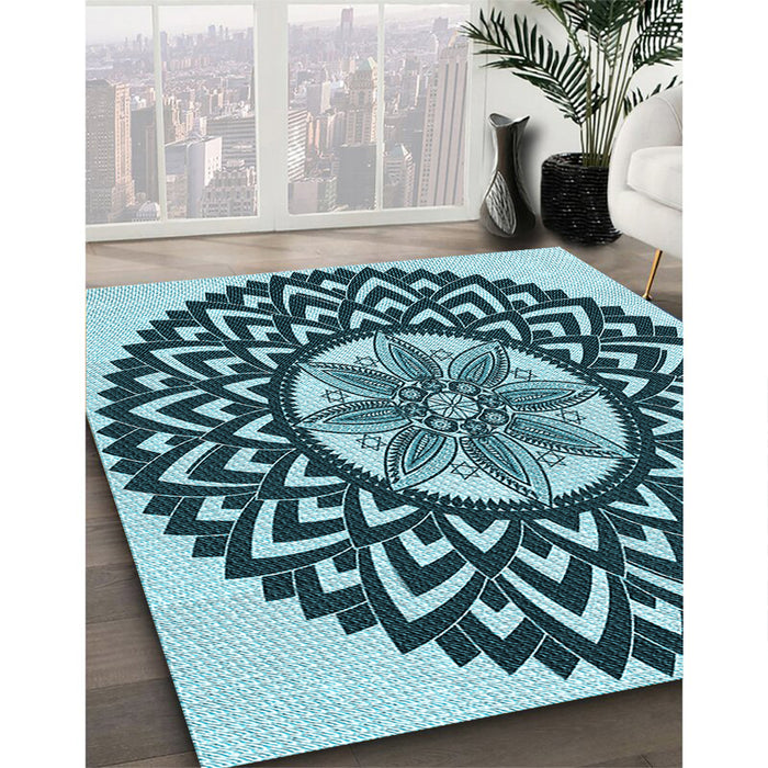 Patterned Medium Teal Green Rug in Family Room, pat1987lblu
