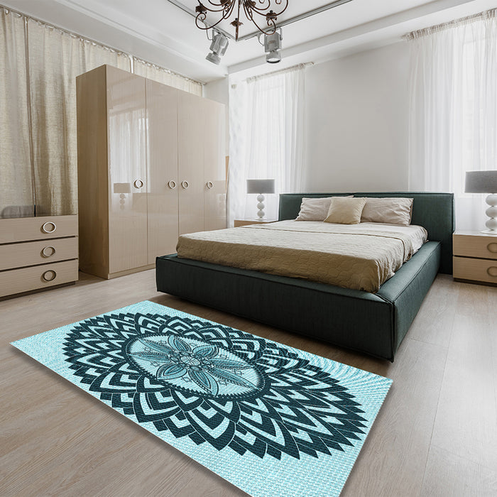 Round Machine Washable Transitional Medium Teal Green Rug in a Office, wshpat1987lblu