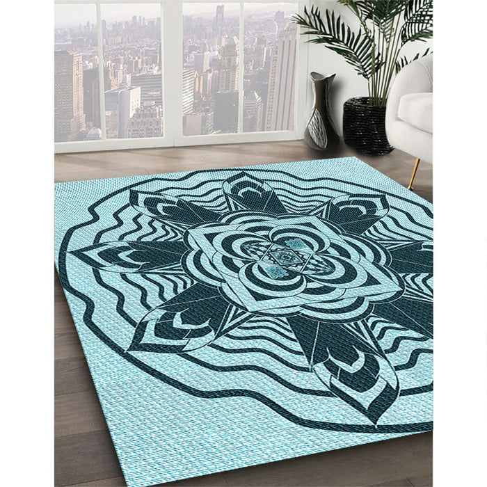 Patterned Teal Green Rug in Family Room, pat1988lblu