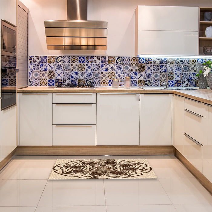 Patterned Saddle Brown Rug in a Kitchen, pat1988org