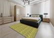 Patterned Dark Yellow Green Rug in a Bedroom, pat1992brn