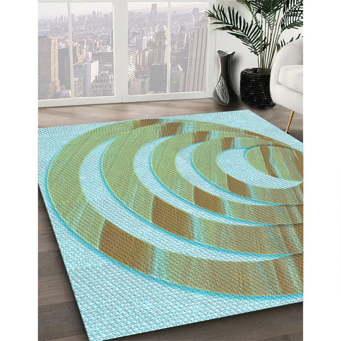 Patterned Green Rug in Family Room, pat1994lblu