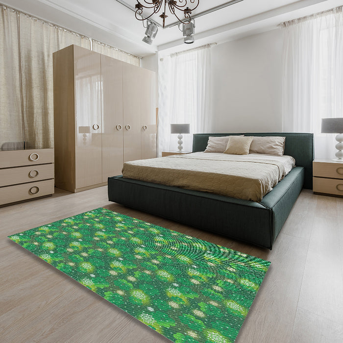 Patterned Green Abstract Machine Washable Rug in a Bedroom, wshpat1