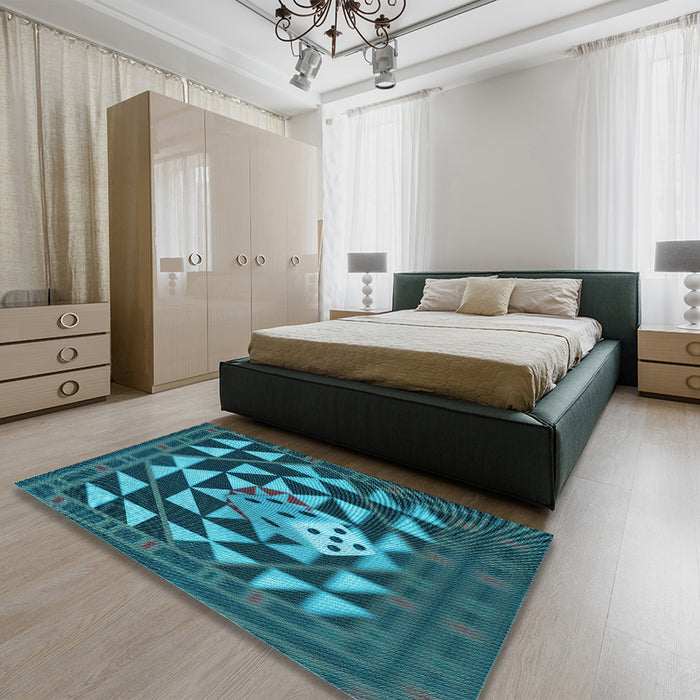 Patterned Dark Turquoise Green Rug in a Bedroom, pat2001lblu