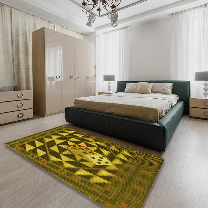Patterned Caramel Brown Rug in a Bedroom, pat2001yw
