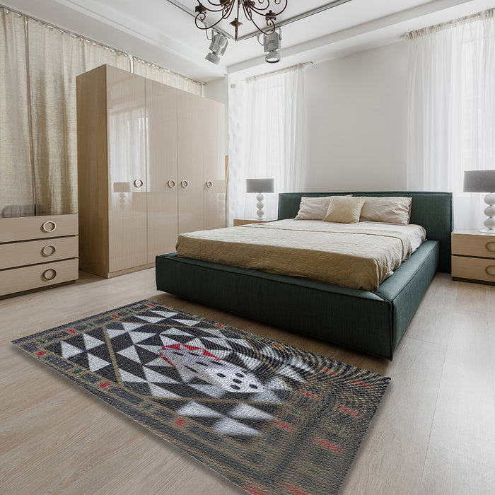 Patterned Charcoal Black Novelty Rug in a Bedroom, pat2001