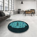 Round Patterned Deep Teal Green Rug in a Office, pat2004lblu