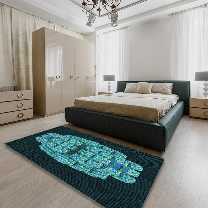 Patterned Deep Teal Green Rug in a Bedroom, pat2004lblu