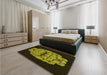 Patterned Dark Yellow Green Rug in a Bedroom, pat2004yw