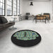 Round Machine Washable Transitional Green Rug in a Office, wshpat2004