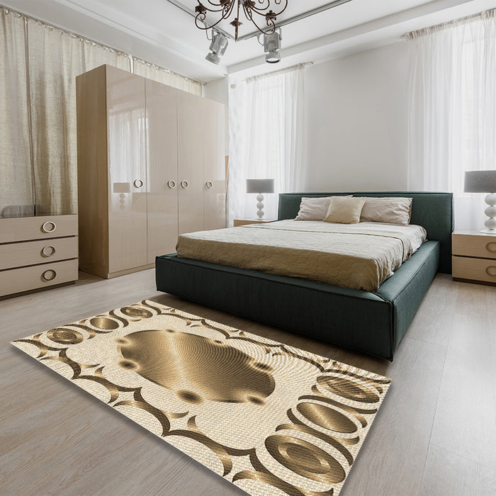 Patterned Khaki Gold Rug in a Bedroom, pat2009brn
