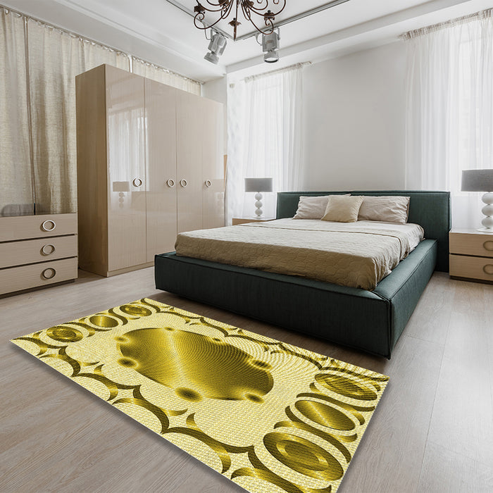 Patterned Dark Golden Brown Rug in a Bedroom, pat2009yw