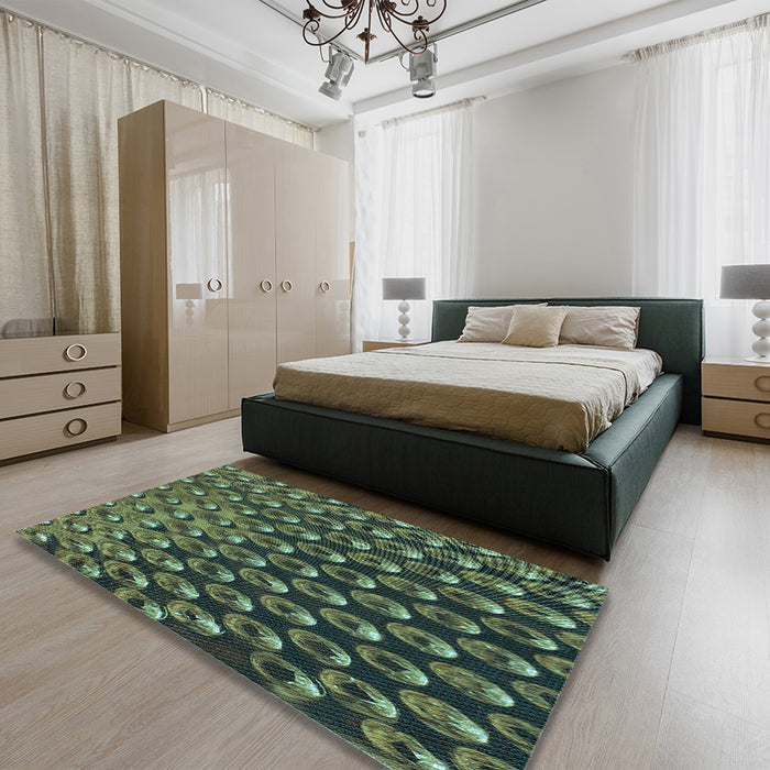 Patterned Dark Forest Green Rug in a Bedroom, pat2010lblu